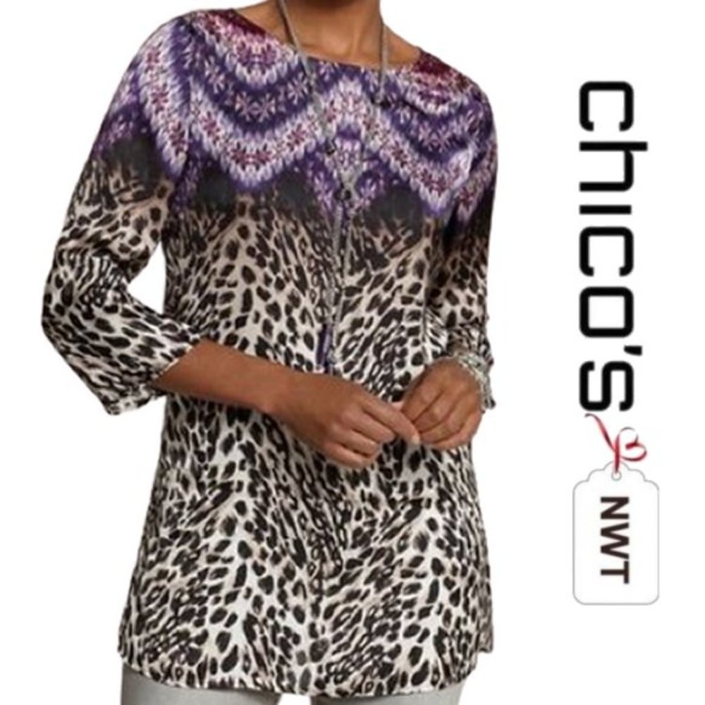 🆕 NWT Chico's Leopard Print Blouse (Chico's Size 2 = L or Size 12/14)